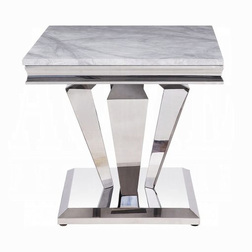 Acme Satinka Light Gray Printed Faux Marble Top & Mirrored Silver End Table - Image 3