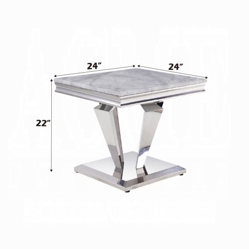 Acme Satinka Light Gray Printed Faux Marble Top & Mirrored Silver End Table - Image 5