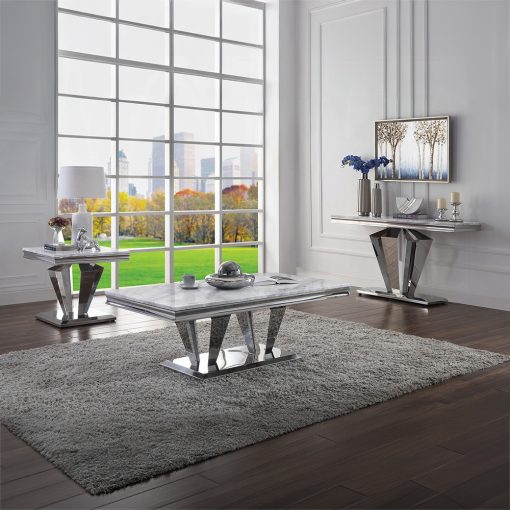 Acme Satinka Light Gray Printed Faux Marble Top & Mirrored Silver End Table - Image 4