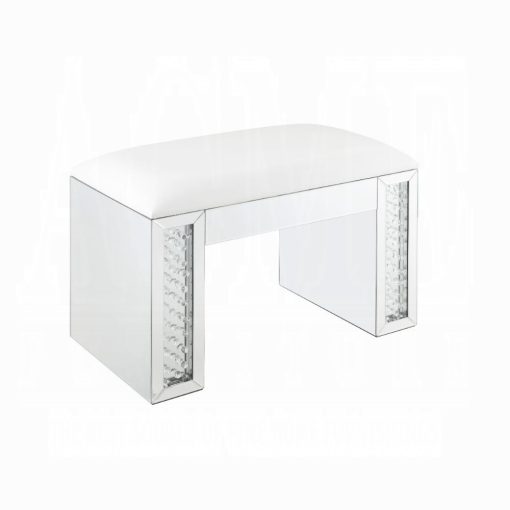 Acme Nysa Ivory Synthetic Leather Mirrored & Faux Crystals Vanity Stool - Image 2