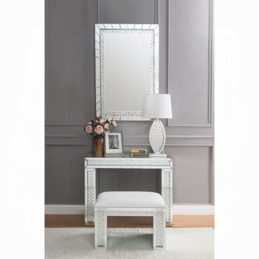 Acme Nysa Ivory Synthetic Leather Mirrored & Faux Crystals Vanity Stool