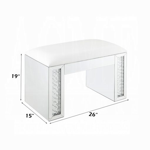 Acme Nysa Ivory Synthetic Leather Mirrored & Faux Crystals Vanity Stool - Image 7