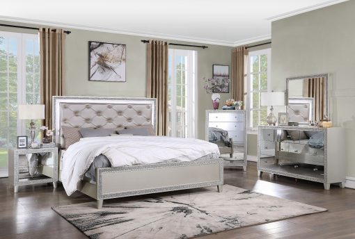 Acme Sliver fluff Synthetic Leather & Champagne Bed with Led