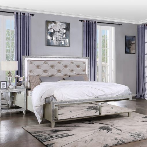 Acme Sliver fluff Synthetic Leather & Champagne Bed with Led & Storages