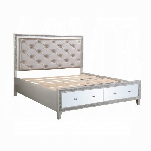 Acme Sliver fluff Synthetic Leather & Champagne Bed with Led & Storages - Image 4