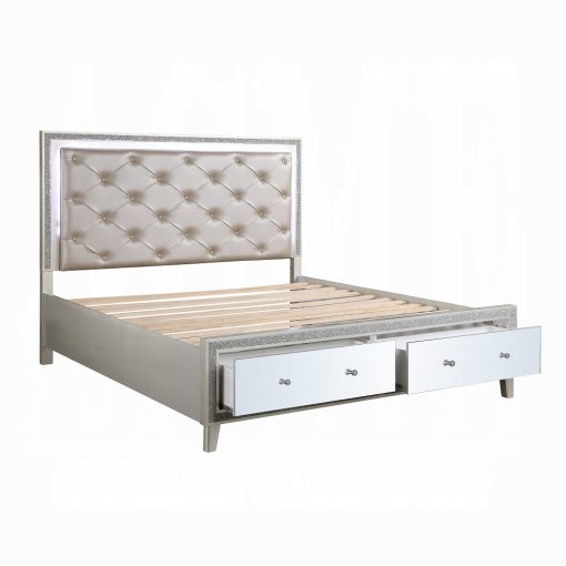Acme Sliver fluff Synthetic Leather & Champagne Bed with Led & Storages - Image 6