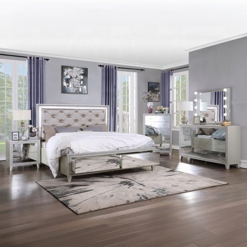 Acme Sliver fluff Synthetic Leather & Champagne Bed with Led & Storages - Image 2