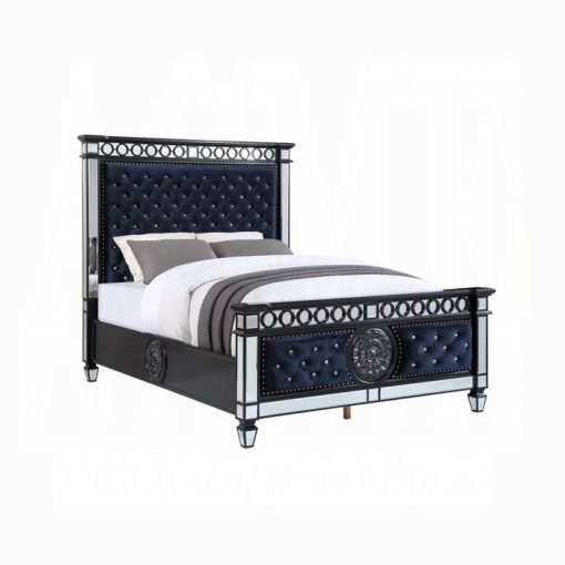 Acme Mirrored Dark Navy Blue Velvet & Black & Sliver Varian Bed