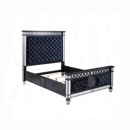 Acme Mirrored Dark Navy Blue Velvet & Black & Sliver Varian Bed - Image 2