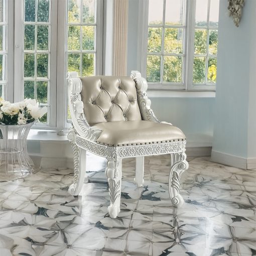 Acme Vanaheim Beige Synthetic Leather & Antique White Vanity Stool