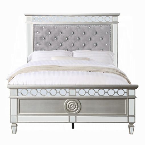 Acme Gray Velvet Silver & Mirrored Varian Bed - Image 2