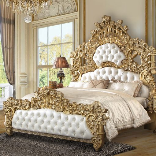 Acme Bernadette White Synthetic Leather Fabric & Gold EK Bed
