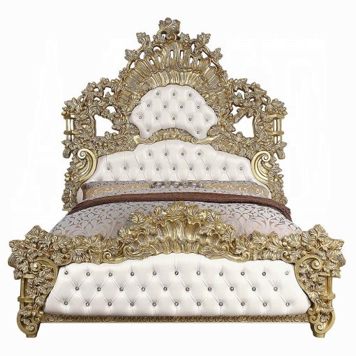 Acme Bernadette White Synthetic Leather Fabric & Gold EK Bed - Image 2