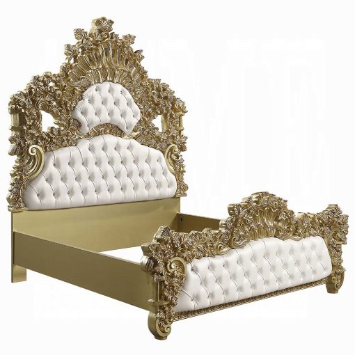 Acme Bernadette White Synthetic Leather Fabric & Gold EK Bed - Image 4