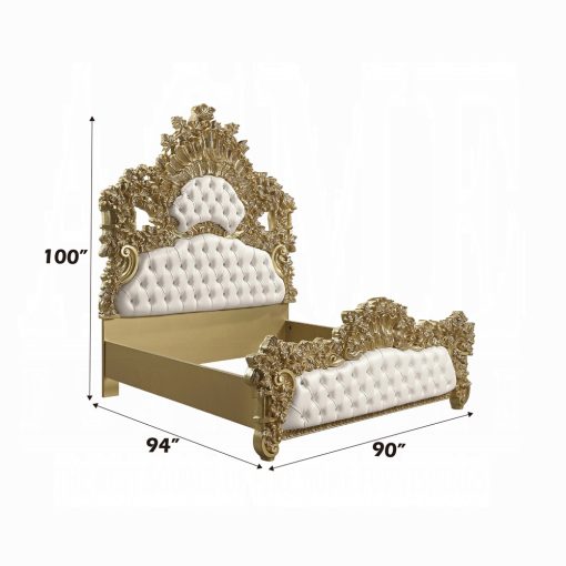 Acme Bernadette White Synthetic Leather Fabric & Gold EK Bed - Image 7