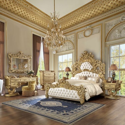 Acme Bernadette White Synthetic Leather Fabric & Gold EK Bed - Image 5
