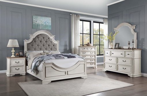 Acme Florian Gray Fabric & Antique White Queen Bed