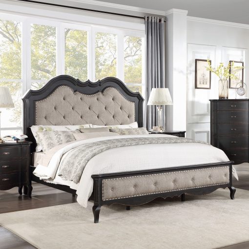 Acme Chelmsford Beige Fabric & Antique Black Bed