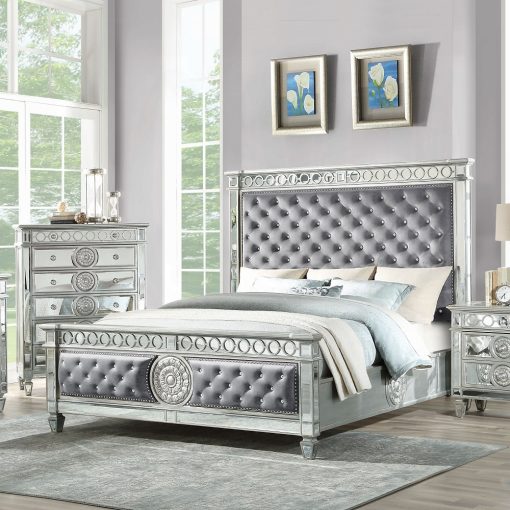 Acme Varian Gray Velvet & Mirrored Bed