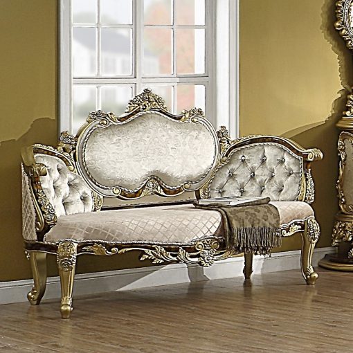 Acme Desiderius Beige Fabric Antique Gold & Hand Paint Brown Bench