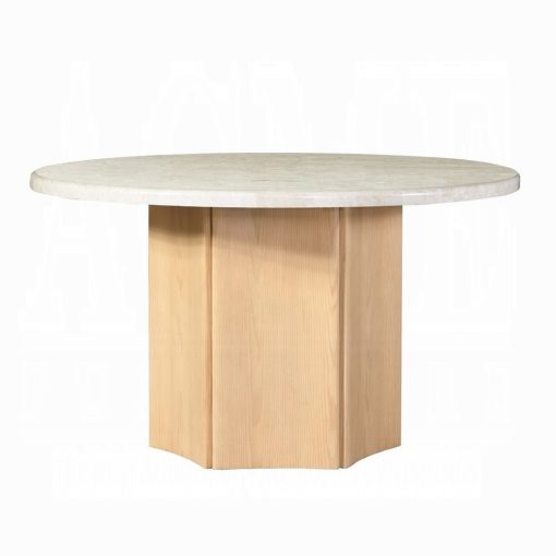 Acme Qwin Gray Fabric & Weathered Gray Oak Round Dining Table with Marble Top - Image 3