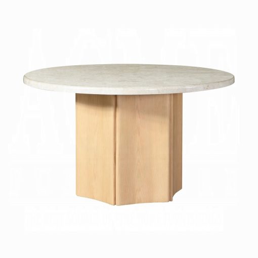 Acme Qwin Gray Fabric & Weathered Gray Oak Round Dining Table with Marble Top - Image 4