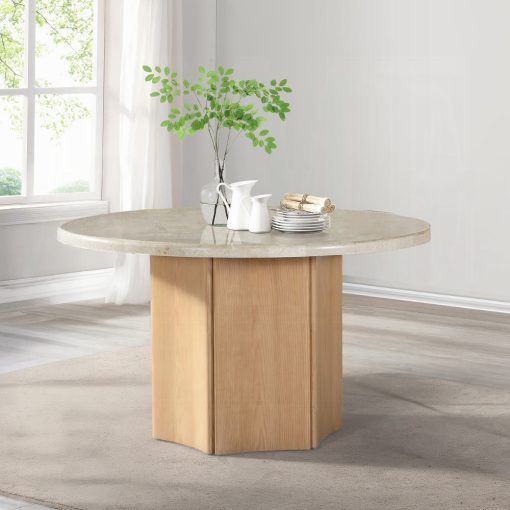 Acme Qwin Gray Fabric & Weathered Gray Oak Round Dining Table with Marble Top