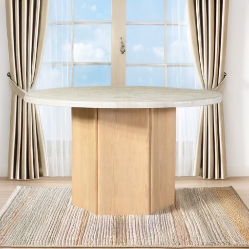 Acme Qwin Gray Fabric & Weathered Gray Oak Round Dining Table with Marble Top - Image 5
