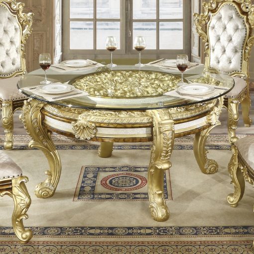Acme Desiderius Antique Gold & Hand-Painted Brown Round Dining Table