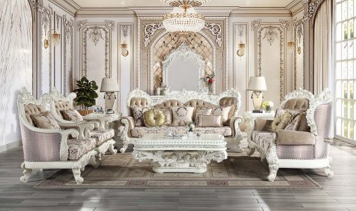 Acme Vanaheim Fabric & Antique White Sofa with 7 Pillows
