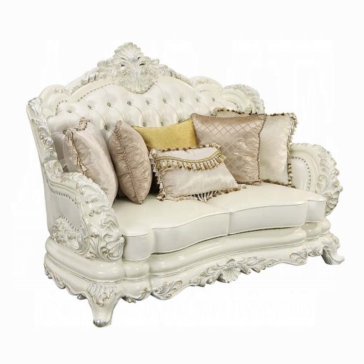 Acme Adara Pearl White Synthetic Leather & Antique White Loveseat with 5 Pillows