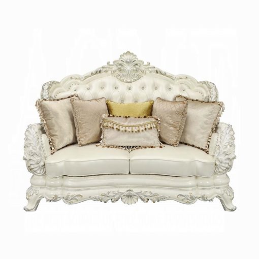 Acme Adara Pearl White Synthetic Leather & Antique White Loveseat with 5 Pillows - Image 2
