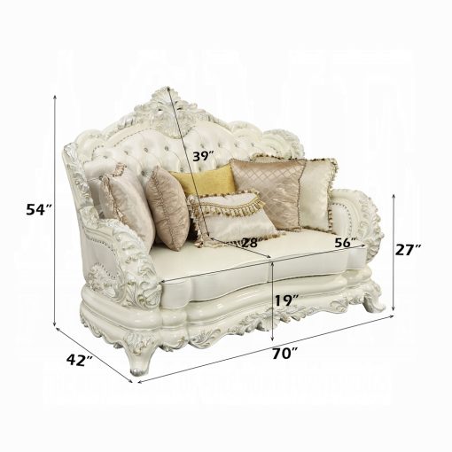 Acme Adara Pearl White Synthetic Leather & Antique White Loveseat with 5 Pillows - Image 5