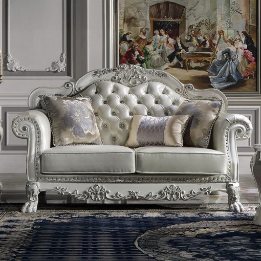 Acme Dresden Synthetic Leather & Bone White Loveseat with 3 Pillows