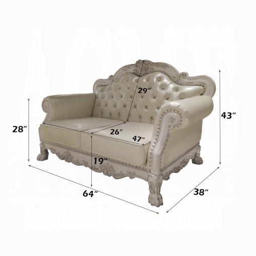 Acme Dresden Synthetic Leather & Bone White Loveseat with 3 Pillows - Image 7