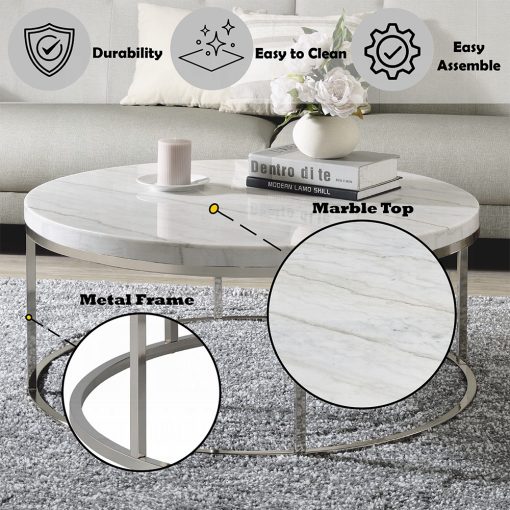 Acme Zaidee Nickel Coffee Table with Marble Top - Image 6