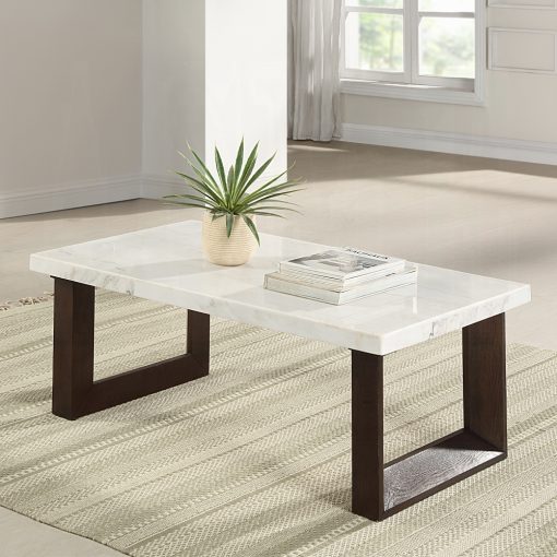 Acme Edwyn White Natural & Brown Coffee Table with Marble Top