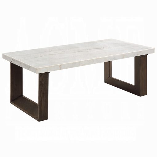 Acme Edwyn White Natural & Brown Coffee Table with Marble Top - Image 3