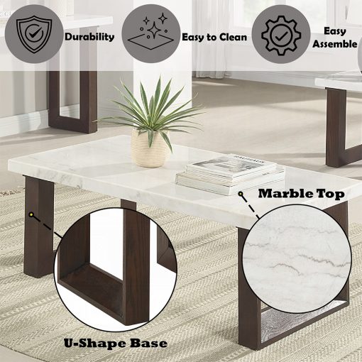 Acme Edwyn White Natural & Brown Coffee Table with Marble Top - Image 7