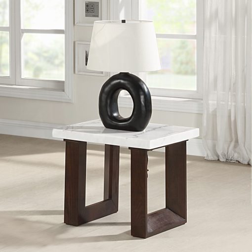 Acme Edwyn White Natural & Brown End Table with Marble Top