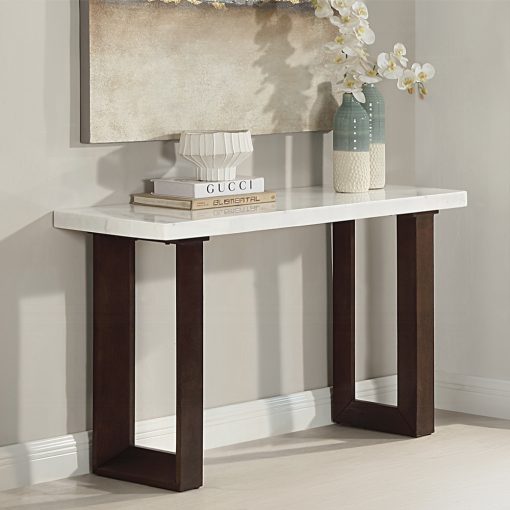 Acme Edwyn White Natural & Brown Sofa Table with Marble Top