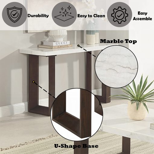 Acme Edwyn White Natural & Brown Sofa Table with Marble Top - Image 6