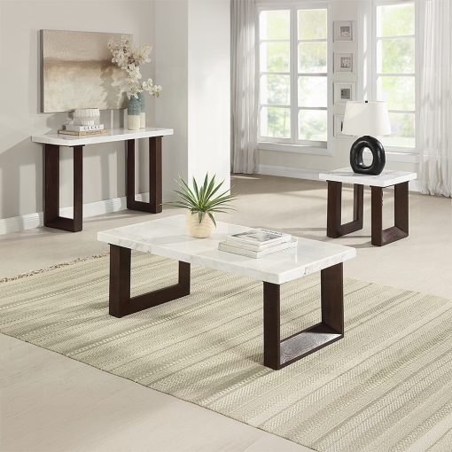 Acme Edwyn White Natural & Brown Sofa Table with Marble Top - Image 2