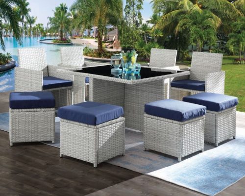 Acme Paitalyi Blue Fabric & Wicker 9PC Bistro Set