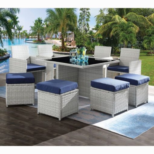 Acme Paitalyi Blue Fabric & Wicker 9PC Bistro Set