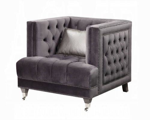 Acme Hegio Gray Velvet Chair with Pillow