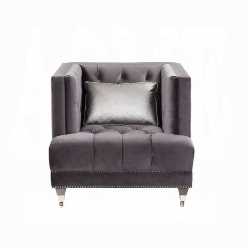Acme Hegio Gray Velvet Chair with Pillow - Image 2