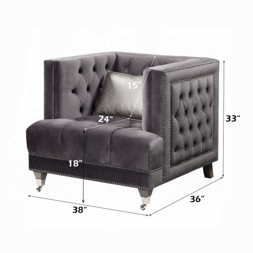 Acme Hegio Gray Velvet Chair with Pillow - Image 5