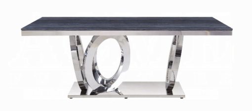 Acme Nasir Gray Printed Faux Marble Top & Mirrored Silver Dining Table - Image 2