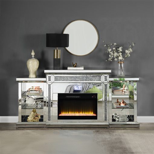 Acme Noralie Mirrored & Faux Diamonds Fireplace with LED & Bluetooth